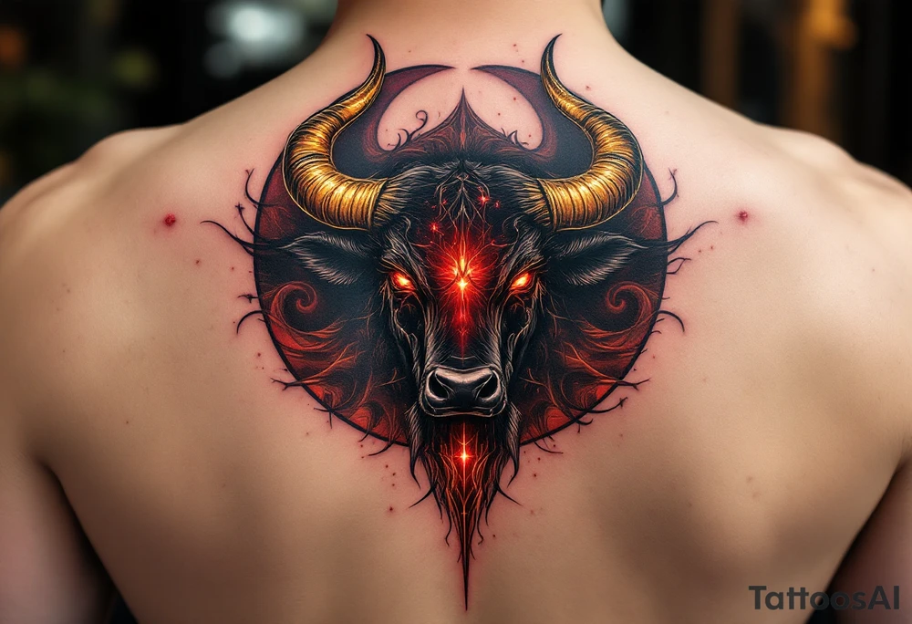 ChatGPT řekl:
A majestic Taurus tattoo featuring a powerful black bull with glowing golden horns, crimson eyes, and a deep red nebula swirling behind it, symbolizing strength, determination, and fiery passion. tattoo idea
