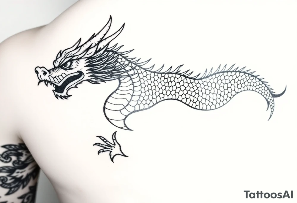 Create a detailed black-and-gray dragon tattoo design covering the hand and forearm. The design should include intricate scales, fierce eyes, and a bold, flowing style. The dragon’s head should start at the hand, with its body coiling up the forearm. Ensure the shading is rich and dynamic, emphasizing depth and texture, with traditional Asian tattoo art influences tattoo idea