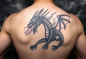 fierce dragon breathing iridescent fire against stormy skies tattoo idea