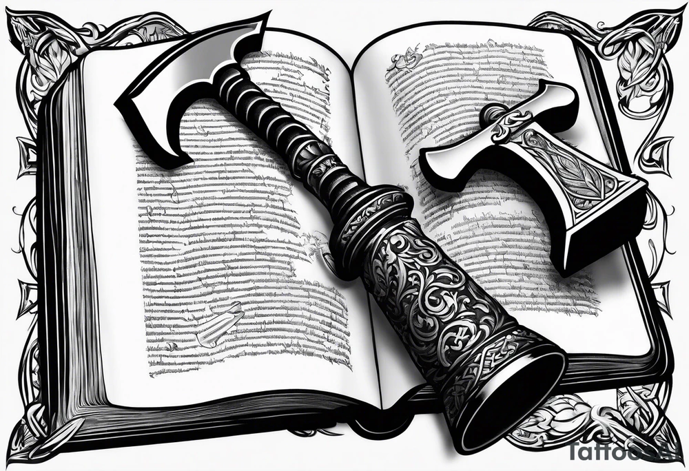 An opened bible with a battle Axe tattoo idea