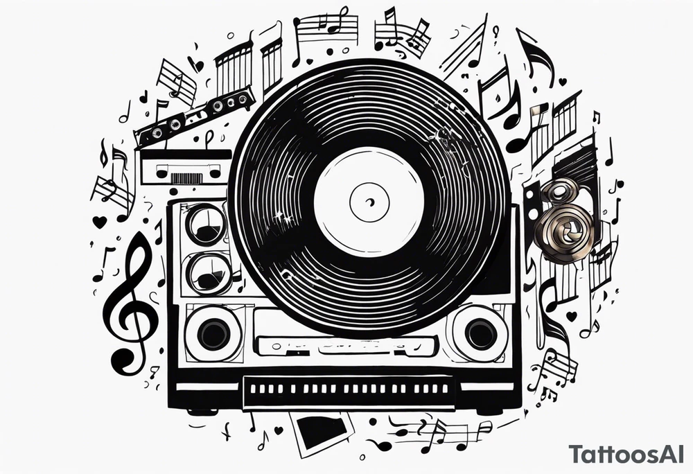 music notes surrounded by a record, a cassette tape, and saxophone parts tattoo idea