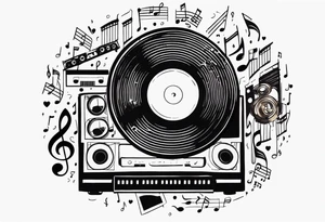 music notes surrounded by a record, a cassette tape, and saxophone parts tattoo idea