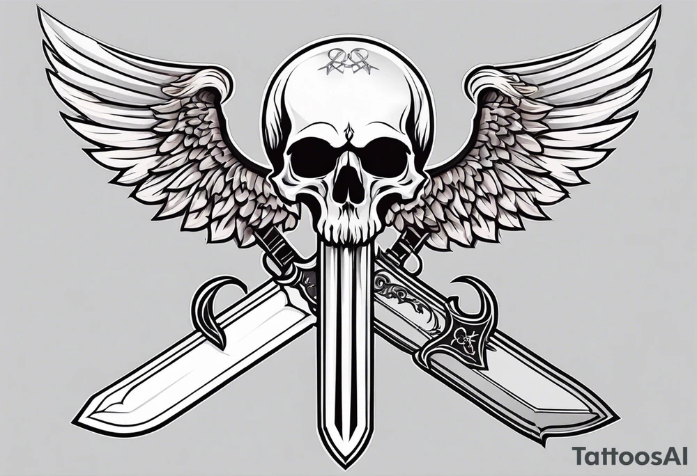 In the center is a half skull pierced by a large sword. On either side of the skull, there are spread angel wings, Beneath the skull is a ribbon weaves through both the skull and the sword tattoo idea