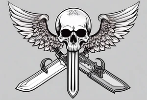 In the center is a half skull pierced by a large sword. On either side of the skull, there are spread angel wings, Beneath the skull is a ribbon weaves through both the skull and the sword tattoo idea