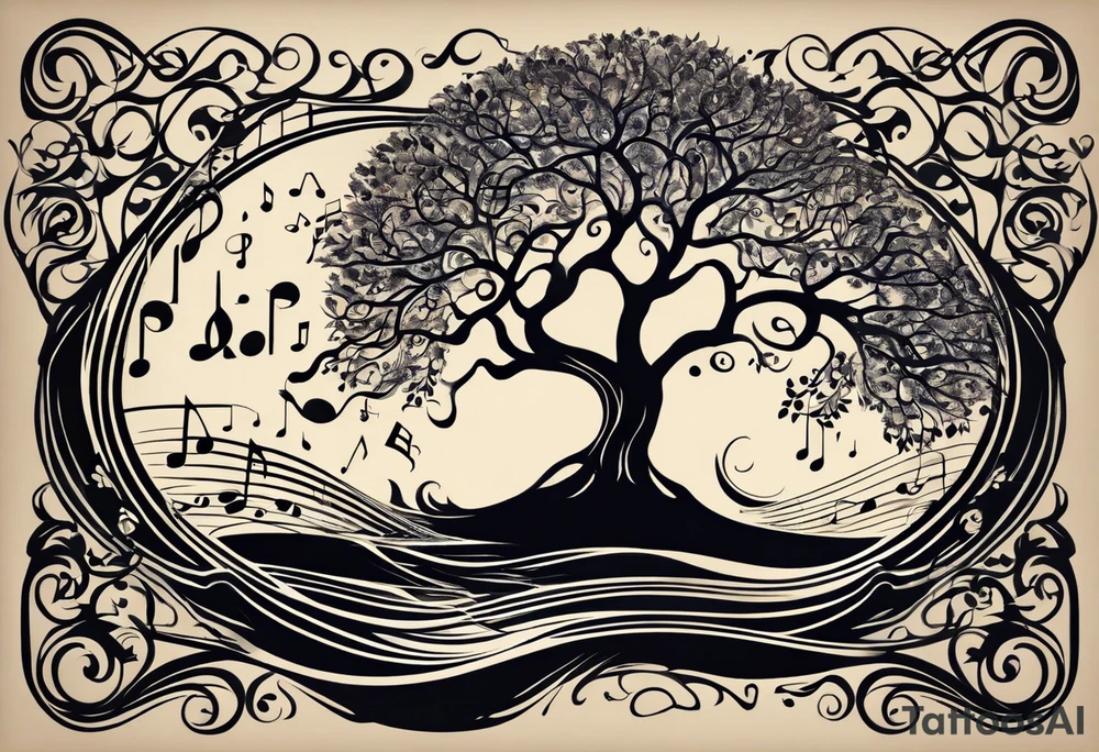 A tattoo design that incorporates the following elements: an abstract tree of life that has roots emerging  from the ground. Waves of water wrap around the tree in a non symmetrical design.  Incorporate musical notes into the tree. the letters U and A are overlapping and engraved into the tree. A golf flag incorporated but not prominent tattoo idea