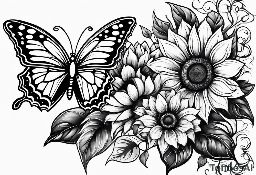 Sunflower and butterfly leg sleeve tattoo idea