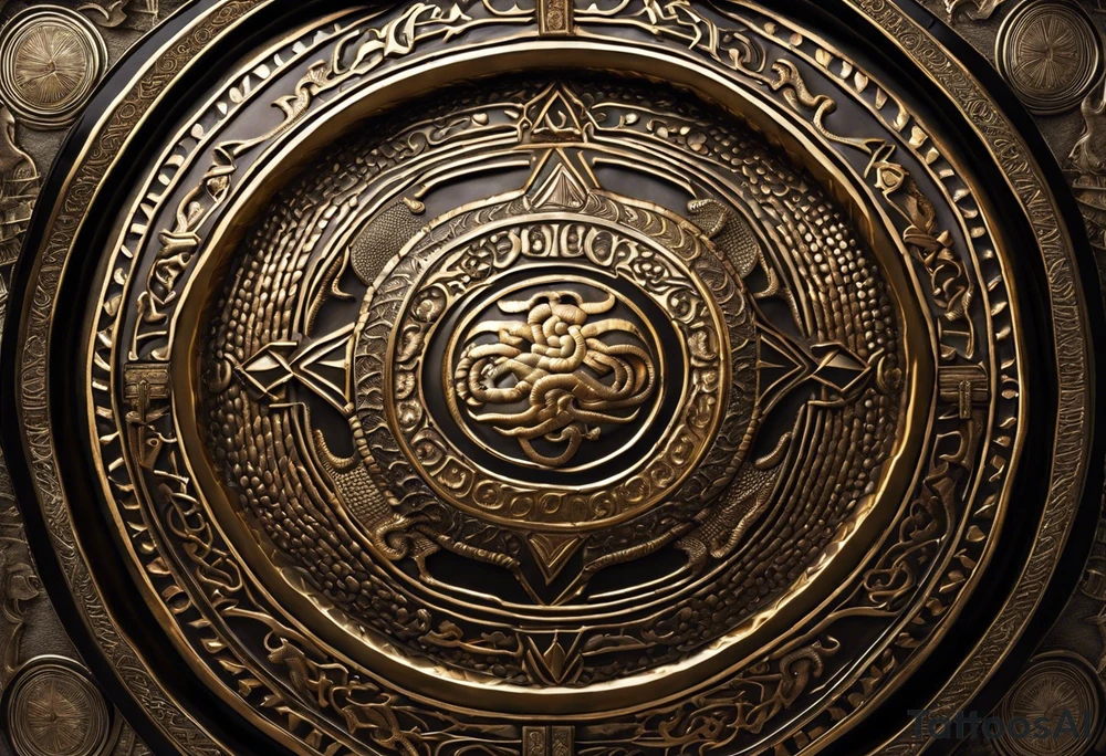 A shield with intricate patterns and engravings, adorned with coiled snakes and scorpions underneath. Rays of light emanate from the shield, signifying spiritual power.Contrast: Bold outlines for the shield and creatures, with detailed patterns.
Detail: Delicately depict the scales of snakes and the segmented bodies of scorpions. tattoo idea