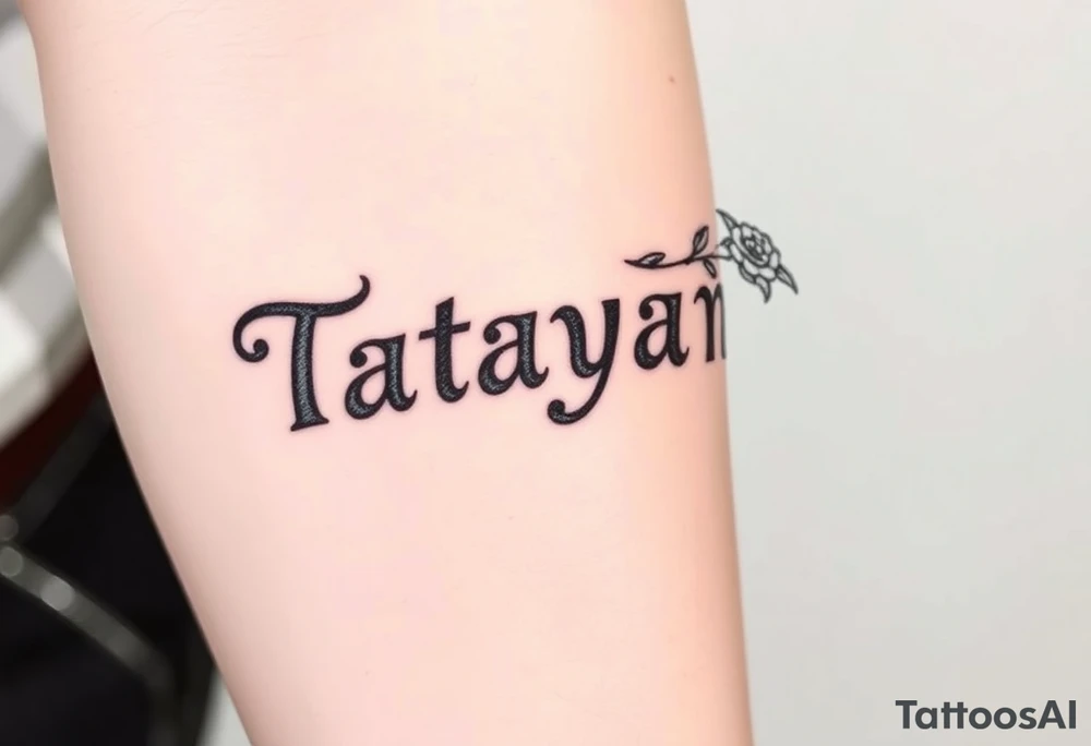 Tatayana name tattoo for a father using old English lettering and roses that starts reading from the wrist to the elbow tattoo idea