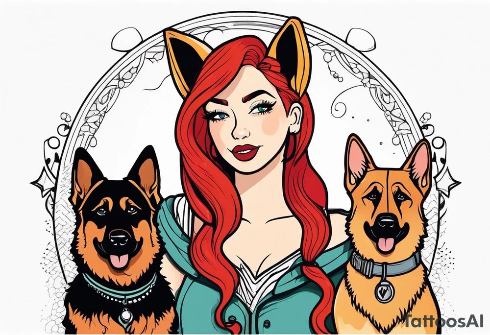red hair woman with German shepherd dog tattoo idea