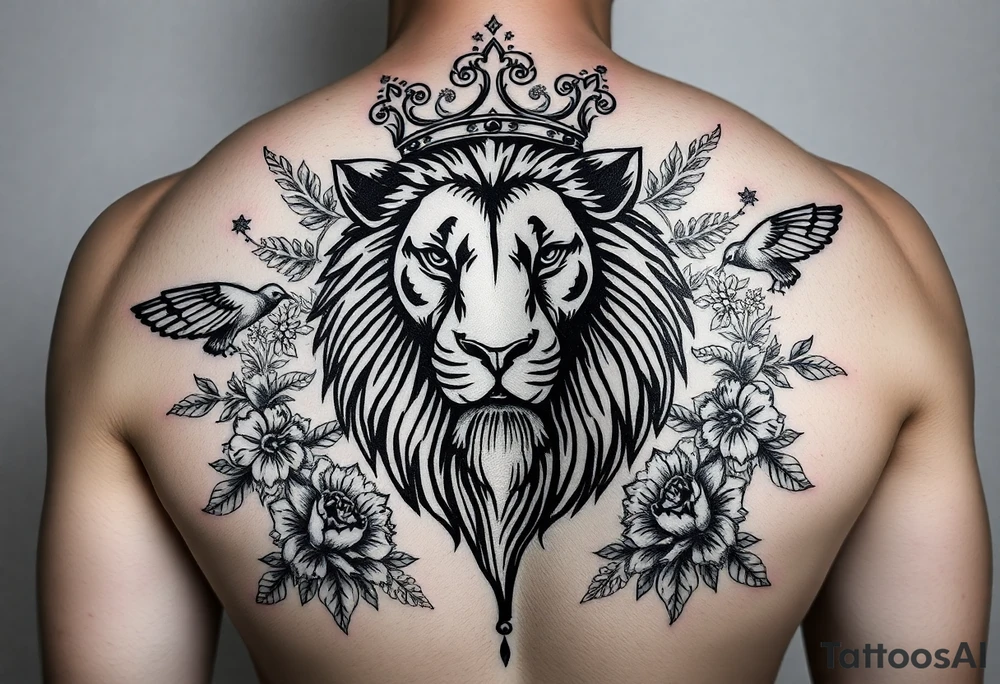 powerful majestic lion with a crown, surrounded by floral ornaments and birds tattoo idea
