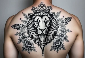 powerful majestic lion with a crown, surrounded by floral ornaments and birds tattoo idea