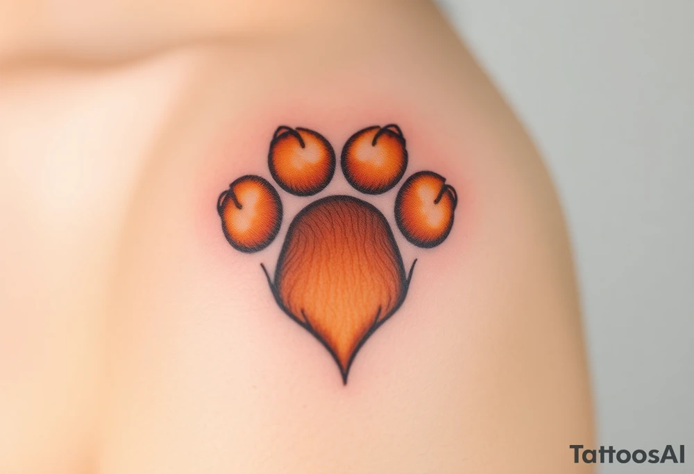 dog paw with fine fur details and warm shades of golden brown, caramel, and soft beige for a lifelike effect shaping heart tattoo idea