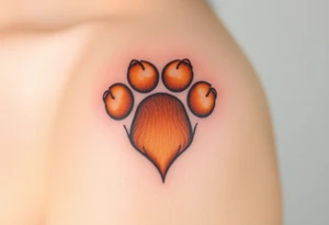 dog paw with fine fur details and warm shades of golden brown, caramel, and soft beige for a lifelike effect shaping heart tattoo idea
