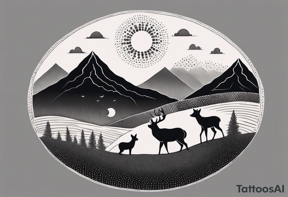 “Generate a minimalist tattoo showcasing a symmetrical scene of rolling hills and a rising sun, with small animals like deer or foxes incorporated into the design. tattoo idea