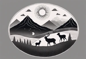 “Generate a minimalist tattoo showcasing a symmetrical scene of rolling hills and a rising sun, with small animals like deer or foxes incorporated into the design. tattoo idea