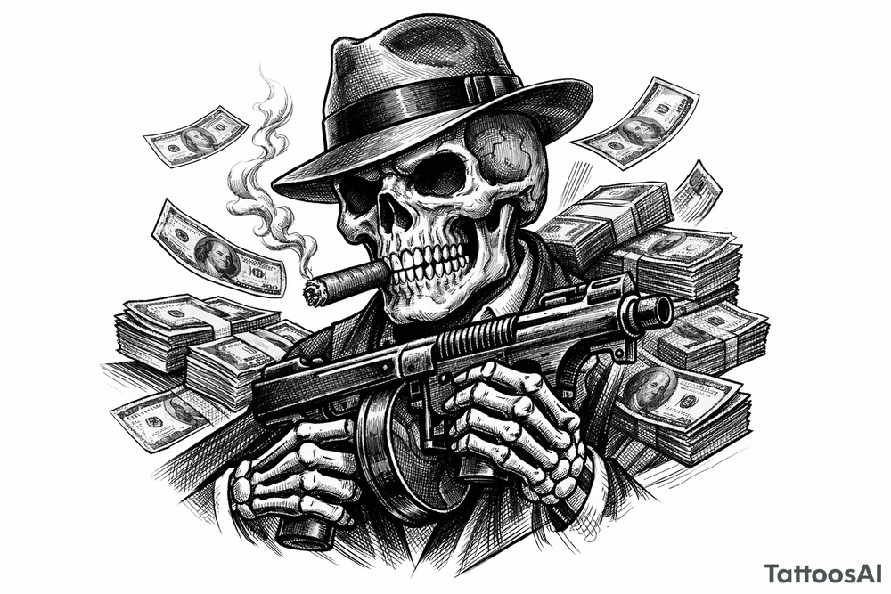 skull with cigar in his mouth,mafia-hat,machine-gun in his hands,surrounded by money. tattoo idea