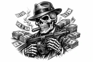 skull with cigar in his mouth,mafia-hat,machine-gun in his hands,surrounded by money. tattoo idea