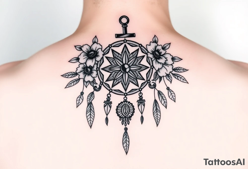 Boho dream catcher with compass and anchor Beautiful flowers and an ornamental chandelier like look tattoo idea