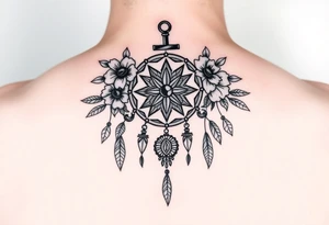 Boho dream catcher with compass and anchor Beautiful flowers and an ornamental chandelier like look tattoo idea