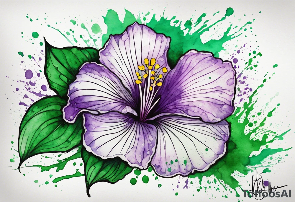 An outline of an only green rio dipladenia flower and a green and purple watercolor splash in the background tattoo idea