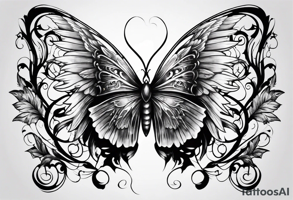 Angel wings and butterfly in the middle tattoo idea