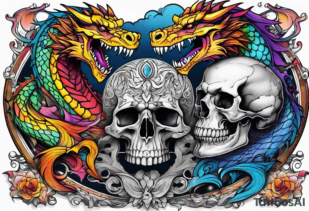 roaring dragons wizard and skull tattoo idea