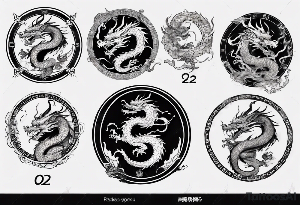 Chinese dragon in a circular shape with "02.03" written on its skin tattoo idea