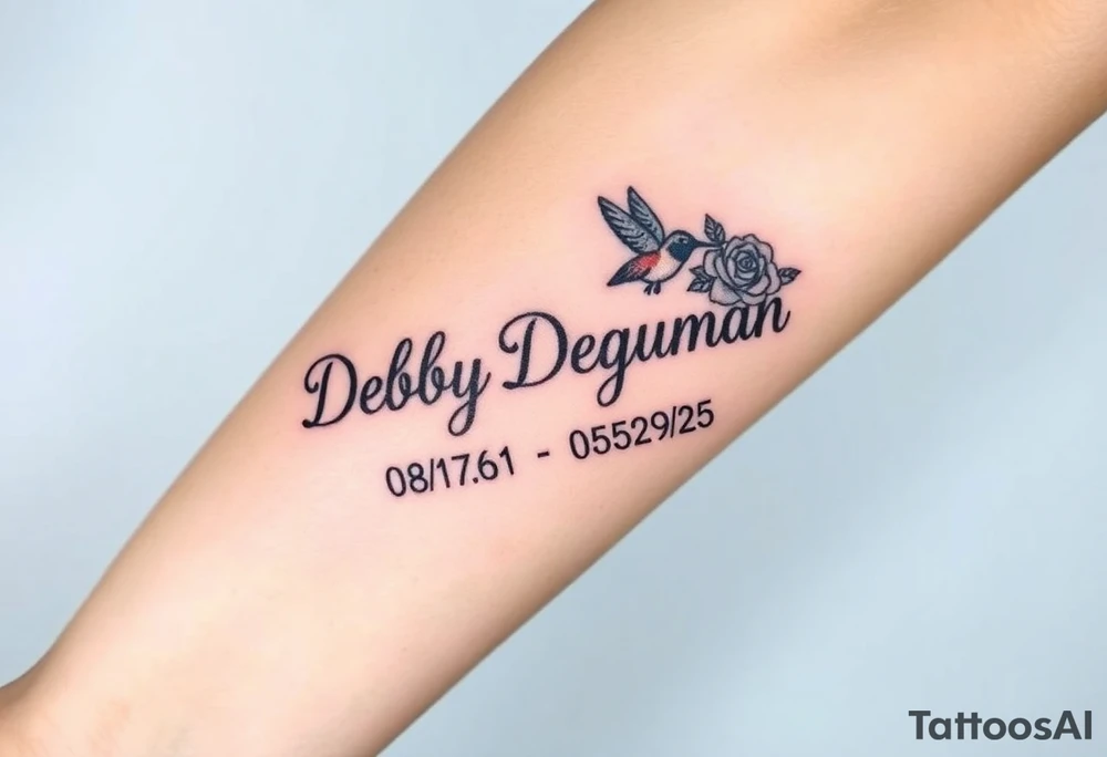 Tattoo of the exact name Debby Deguzman in chunky bold curly cursive with the exact dates of 08/17/61-05/29/25 surrounded by 1 hummingbird and 1 rose tattoo idea