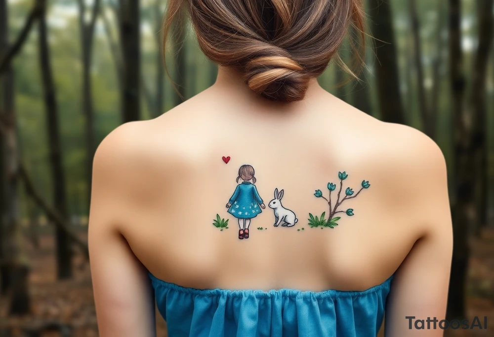 Back view of a girl in a blue dress walking in a forest following a small white rabbit. A pocket watch on top of the scene, falling amongst the trees tattoo idea