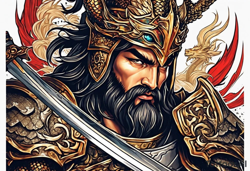 Almighty powerful Jesus in his indestructible armor and using his sword to cutting off the dragon head tattoo idea