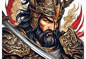 Almighty powerful Jesus in his indestructible armor and using his sword to cutting off the dragon head tattoo idea