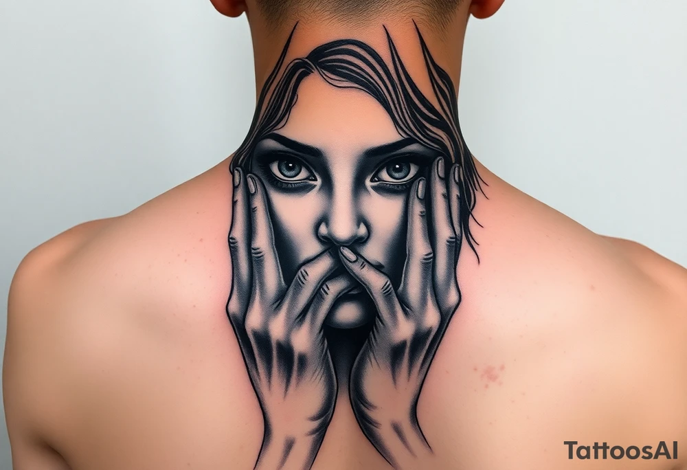 Women that has big eyes but her eyes are covered by both her hands for see no evil and her nose is normal but she is bitting down on her lip so she won't talk for speak no evil and even though she has waves lo g haid that's flying down her face and back you can see both her ears and both her ears are bleeding for hear no evil tattoo idea