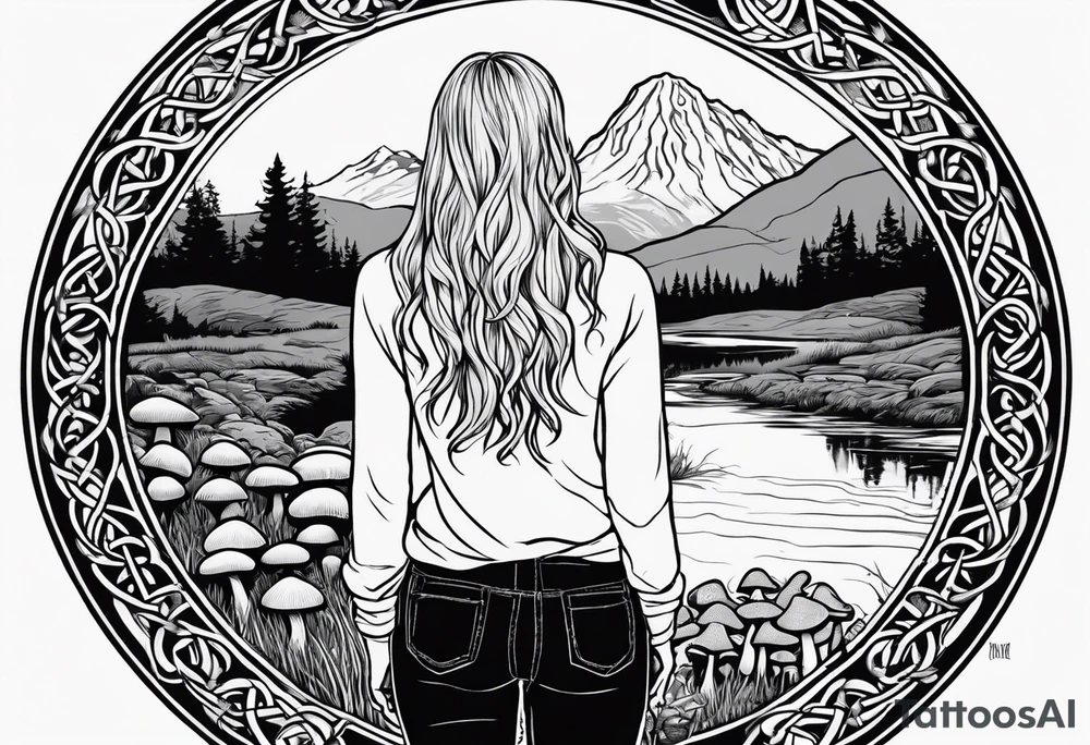 Whole picture encircled fully

Straight long blonde hair hippie girl in distance holding mushrooms in hand facing away toward mountains and creek surrounded by mushrooms long sleeve shirt and hiking pants; whole rendering within a full celtic circle, no cut off circle tattoo idea