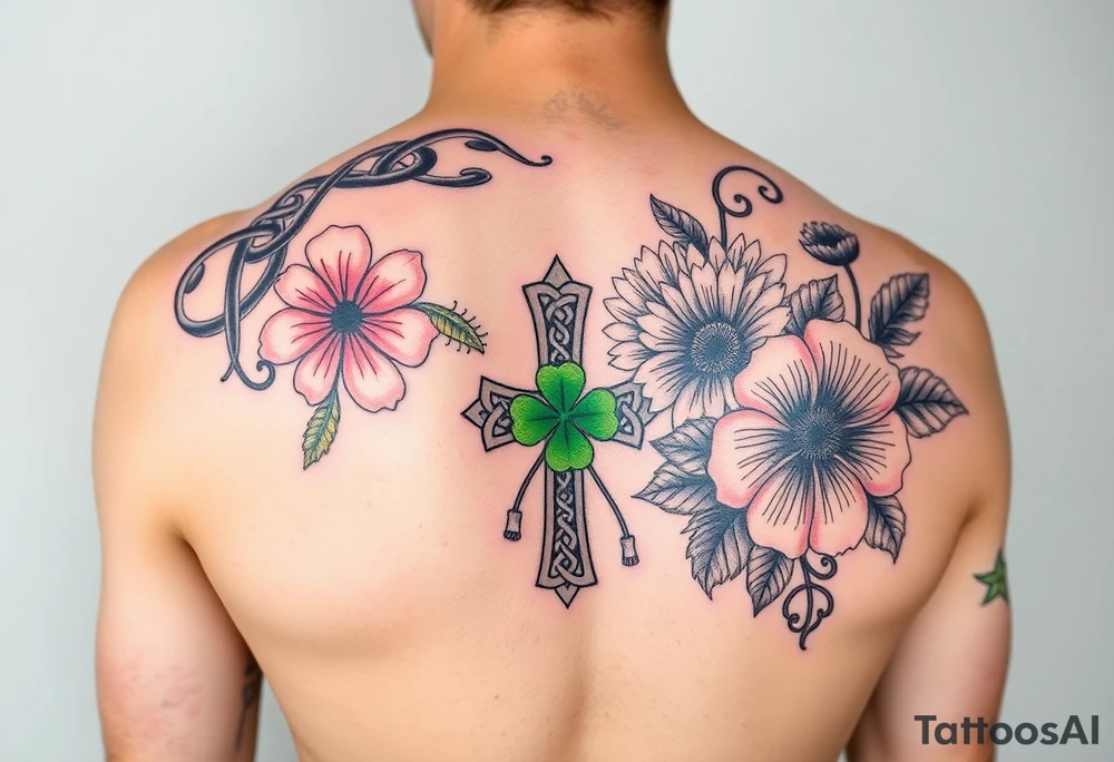 shoulder half sleeve tattoo with black and green celtic knots weaving throughout, bright colorful hibiscus flowers, sunflowers and a celtic cross with green 4 leaf clover tattoo idea