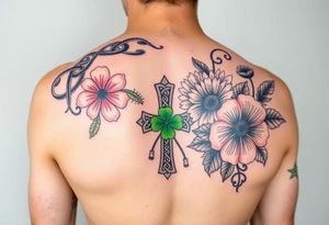 shoulder half sleeve tattoo with black and green celtic knots weaving throughout, bright colorful hibiscus flowers, sunflowers and a celtic cross with green 4 leaf clover tattoo idea