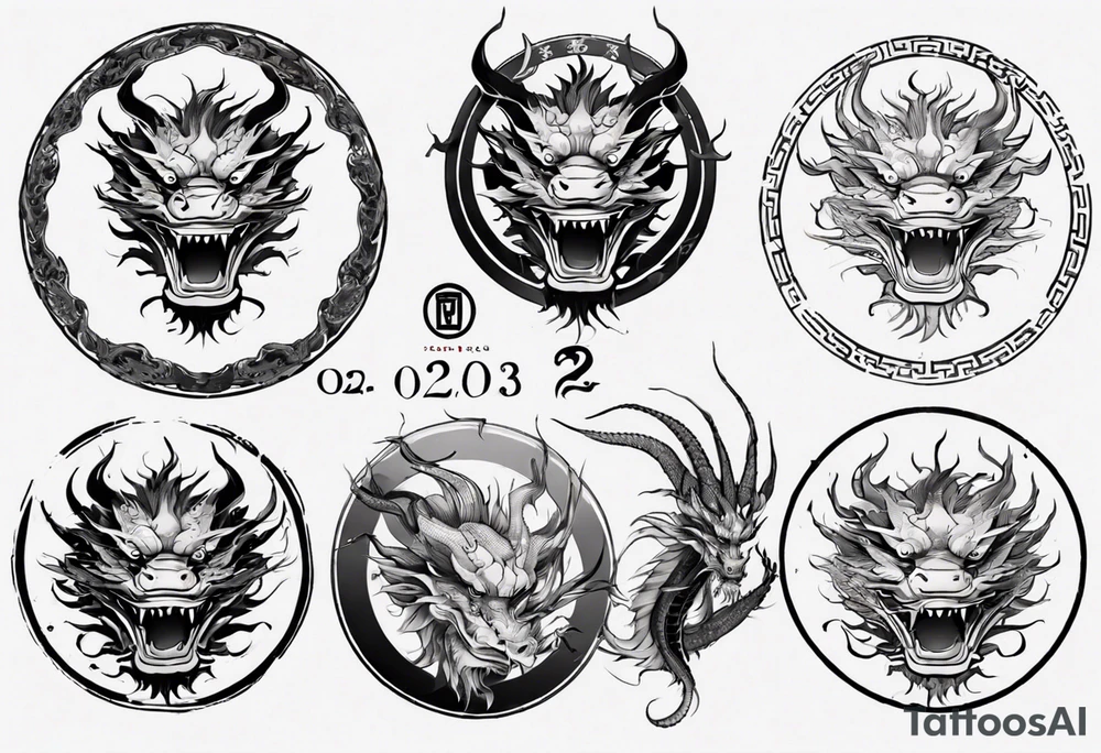 Chinese dragon in a circular shape with "02.03" written on its skin tattoo idea