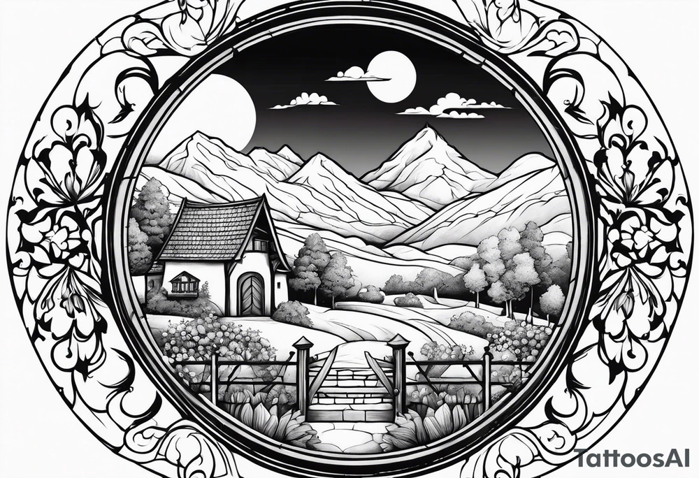 night medieval houses mountains garden gate entrance
in circle vignette surrounded by clouds floral tattoo idea