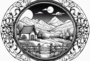 night medieval  houses mountains garden gate entrance 
 in circle vignette surrounded by clouds floral tattoo idea