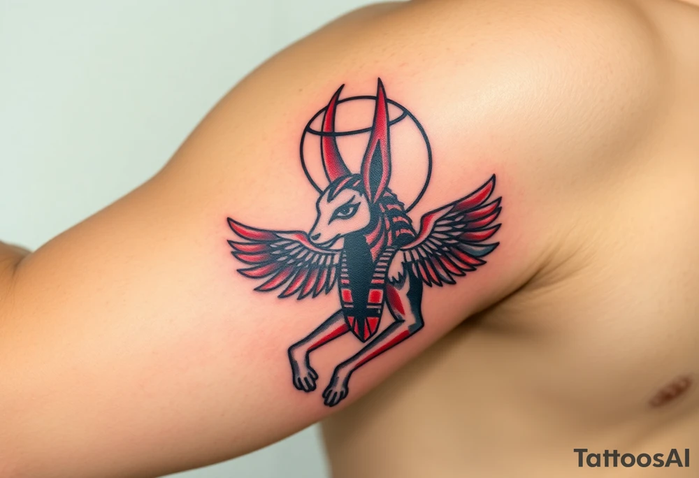 An Anubis with a Halo – Blending Egyptian mythology with Christian spirituality, symbolizing protection and righteousness (Red black and chrome blue are only colors possible) tattoo idea