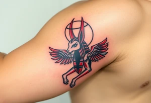 An Anubis with a Halo – Blending Egyptian mythology with Christian spirituality, symbolizing protection and righteousness (Red black and chrome blue are only colors possible) tattoo idea