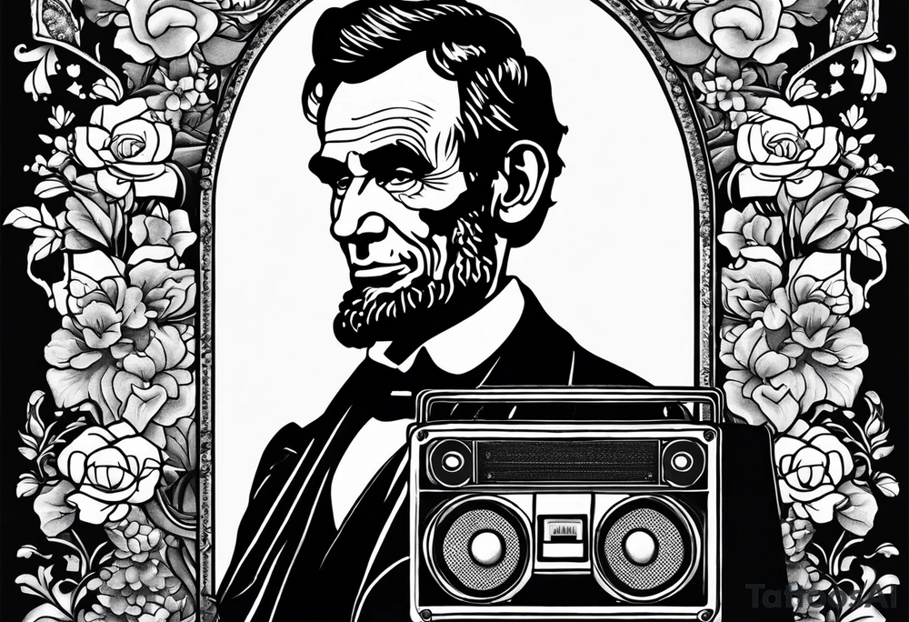 Abraham Lincoln in a flowered suit jacket holding a 90s boombox on his shoulder jamming out tattoo idea