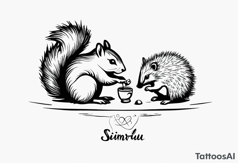 Draw a squirrel and an hedgehog accompanied by the writing “simul in aeternum” tattoo idea