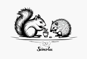 Draw a squirrel and an hedgehog accompanied by the writing “simul in aeternum” tattoo idea