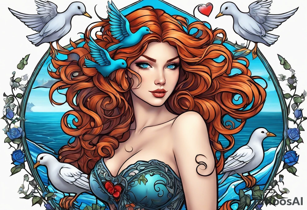 Black colored Aphrodite with auburn hair and ocean-blue eyes surrounded with doves and poison ivy sitting on a heart tattoo idea