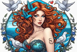 Black colored Aphrodite with auburn hair and ocean-blue eyes surrounded with doves and poison ivy sitting on a heart tattoo idea