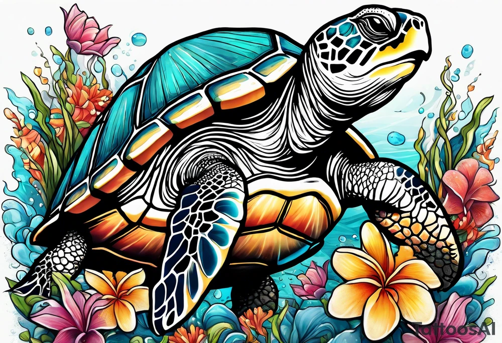 Sea turtle surrounded by hawian flowers and sea shells tattoo idea