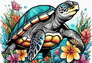 Sea turtle surrounded by hawian flowers and sea shells tattoo idea