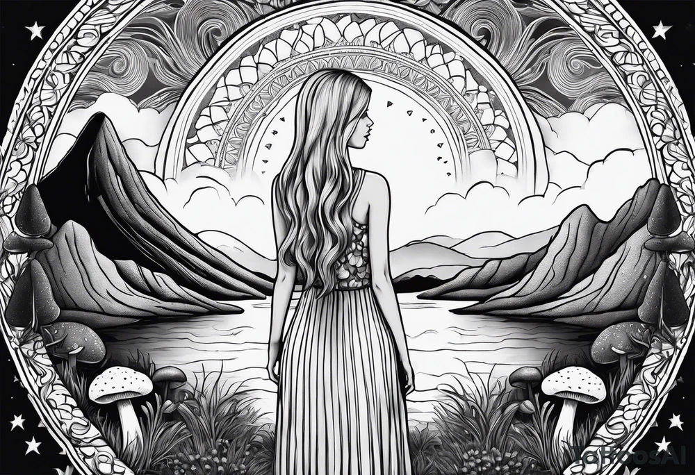 Straight blonde hair girl holding mushrooms in hand meditating facing away toward mountains surrounded by mushrooms crescent moon mandala circular design black and white striped dress tattoo idea