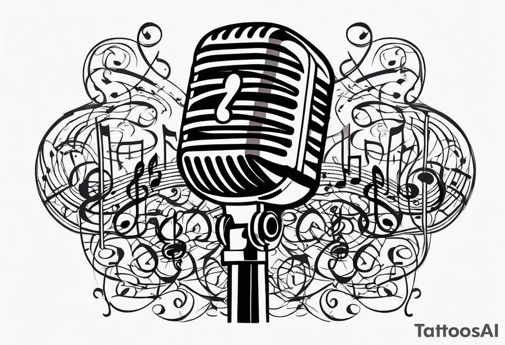 a vintage microphone intertwined with intricate musical notes and symbols tattoo idea