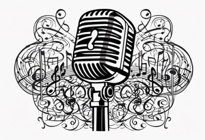 a vintage microphone intertwined with intricate musical notes and symbols tattoo idea